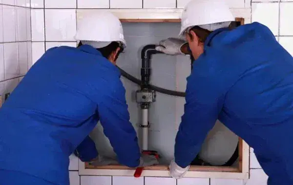 Zwei Installateure in Arbeitskleidung reparieren eine Leitung hinter einer geöffneten Wandverkleidung